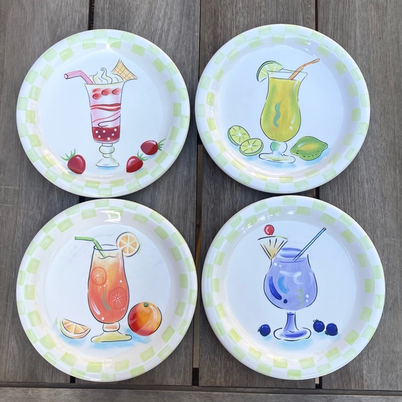 Stonelite Ceramic Plate Set of Four Cocktail Drinks and Checkerboard Print 9" - Picture 1 of 9